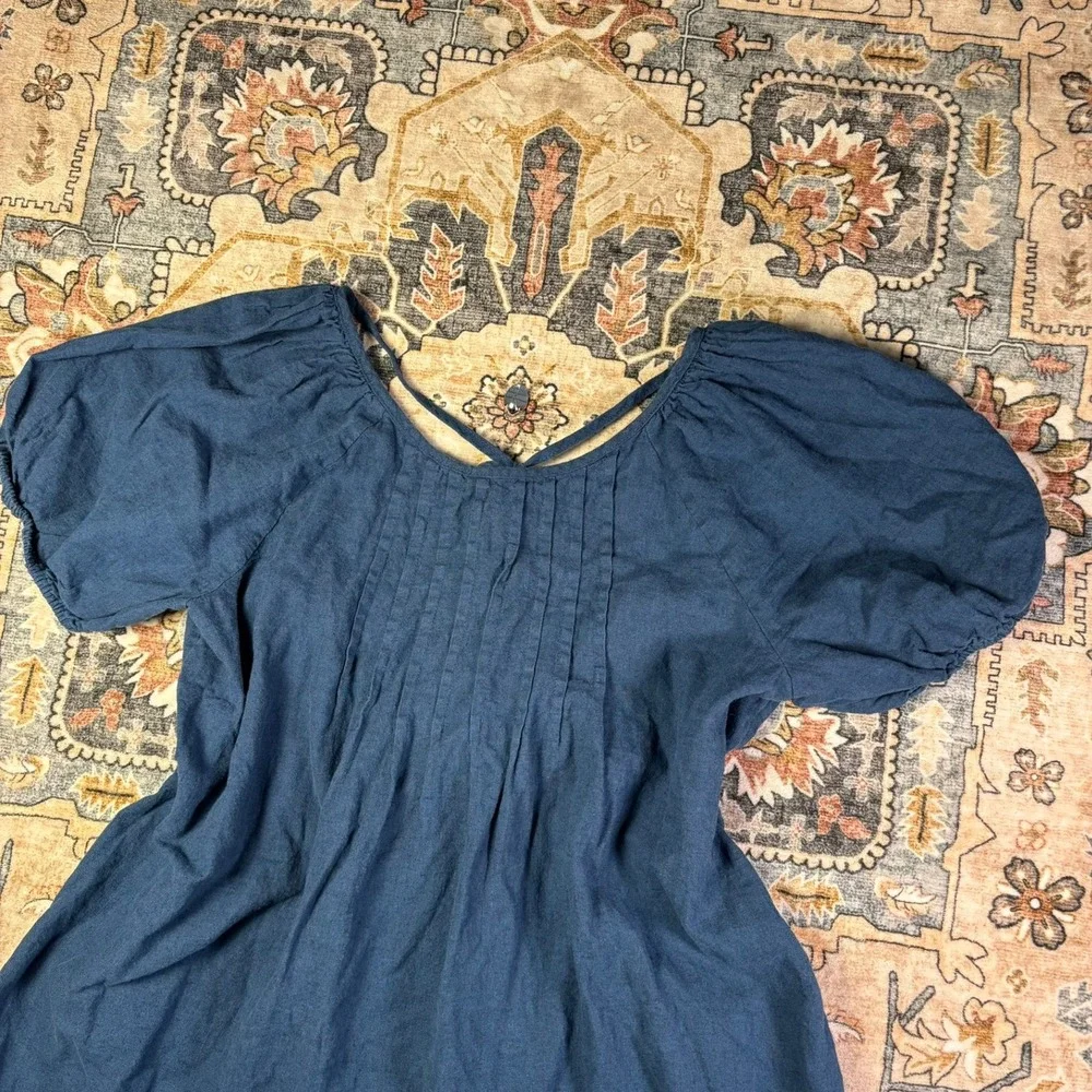 Free-est Free People Navy Blue Linen Pleated Puff Sleeve Mini Dress Tunic Large